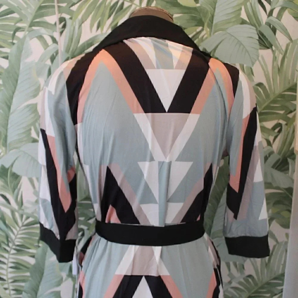 Fashion Long Sleeve V-Neck SHAPED Retro MCM Geometry Printed Wrap Midi Dress - Picture 4 of 7